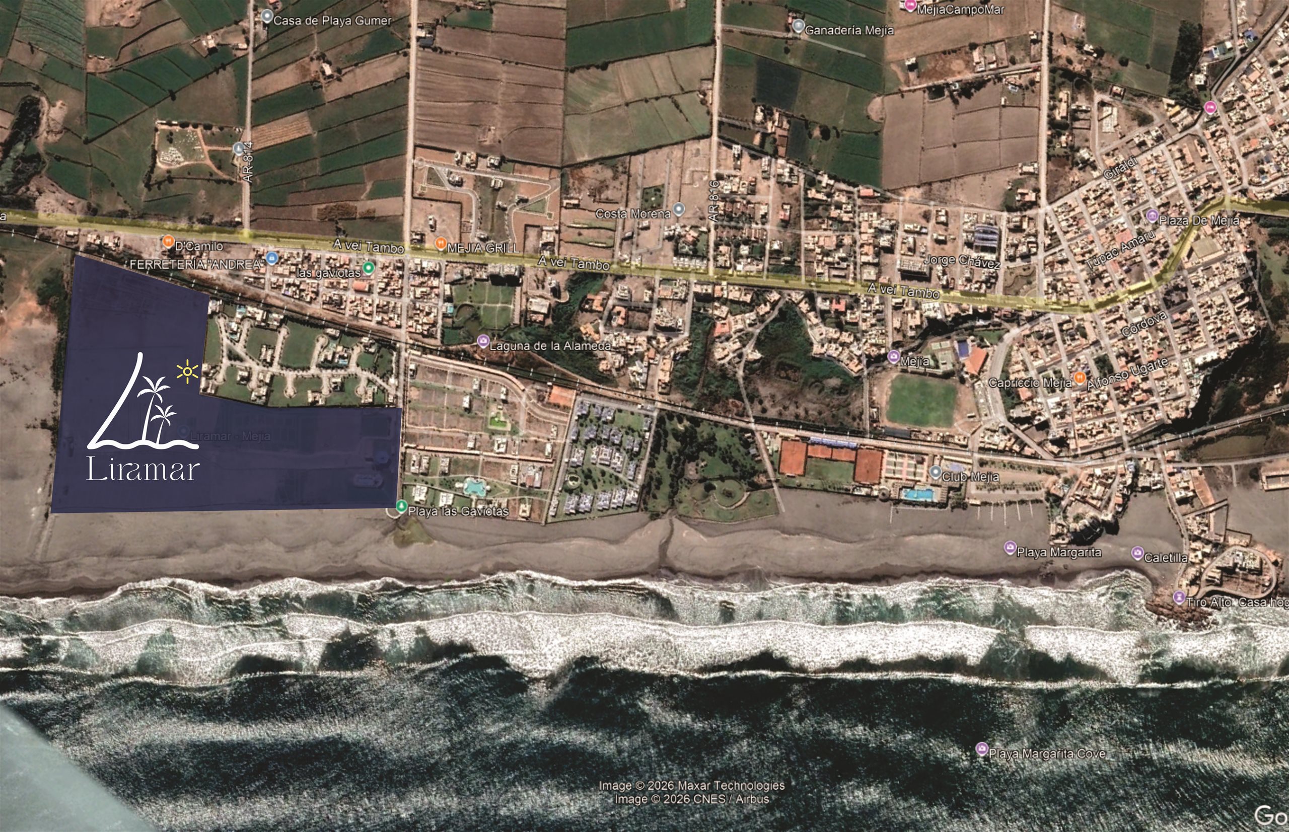 Mapa de ubicación de Liramar Mejía en la costa de Arequipa, Perú — a 2 horas de la ciudad